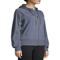 Athletic Works Női Athleisure Zip első kapucnis kabát, Shirred ujjú