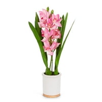 Gerson Tall Real Touch ultra-realisztikus rózsaszín cymbidium orchidea elrendezés modern fehér kerámia és fa edényben