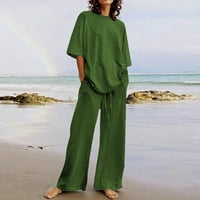 Női ruhák nyári alkalmi Egyszínű Vászonkészlet húzózsinóros széles lábú nadrág zsebekkel strand megfelelő készletek