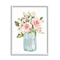 Stupell Industries Pink Rose Blooms Country Váza Szkript Graphic Art White Keretes Art Print Wall Art, Tervezés betűkkel