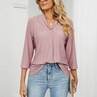 Női Egyszínű Hajtóka ingek nyári Hosszú ujjú Fűzőlyukú Blúzok V nyakú elegáns alkalmi felsők Rózsaszín XL