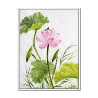 Designart 'Egyetlen szüreti rózsaszín lótuszvirág zöld levelekkel' hagyományos keretes vászon fali művészet
