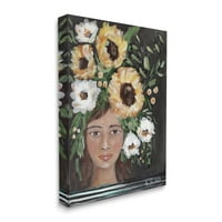 Stupell Industries Lány virág korona sárga fehér virágfestés festés galéria csomagolt vászon nyomtatott fali művészet,