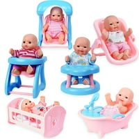 Mini babák készlet bölcsővel, etetőszékkel, sétálóval, káddal, lengéssel és babaüléssel