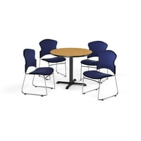 Multi-Use szünet szoba csomag, 42 kerek asztal Szövet Stack székek, tölgy kivitelben X-Style talapzat alap és bor ülések