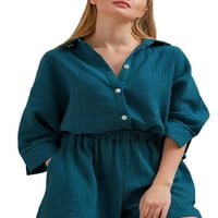 Xsylife női hálóruha ruha Hosszú ujjú szilárd Bordázott gomb ing és rugalmas magas derék rövidnadrág alkalmi laza pizsama