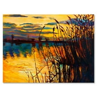 ART Designart sárga naplemente a magas fűben a tó mellett hajózási & parti vászon Wall Art nyomtatás. szélesre. magas