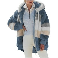 Női téli Fuzzy gyapjú kabát kapucnis Színes blokk Patchwork kabátok hosszú ujjú meleg kardigán plusz méretű felsőruházat