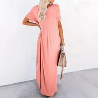 Clearance nyári ruhák Női Rövid ujjú hosszú alkalmi Szilárd A-Line V-nyakú ruha rózsaszín 3XL