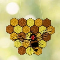 Bee Honeycomb Honey Bee Day lógó Suncatcher ólomüveg Beltéri Kültéri lógó Művészeti dísz udvarra, kerti díszre